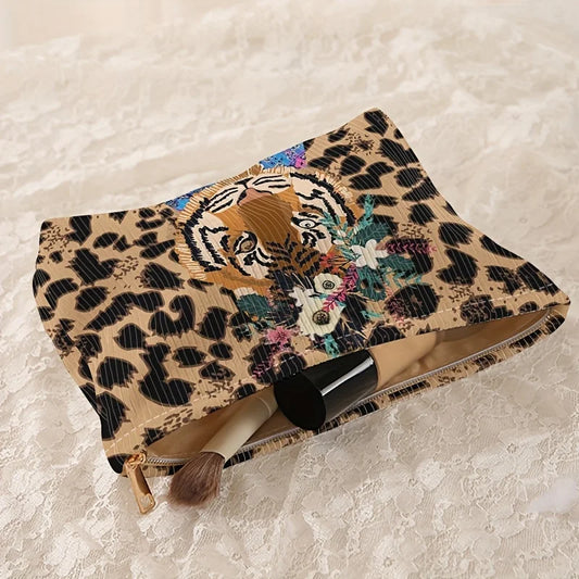 Tiger Leopard Print Make Up Bag With Zipper