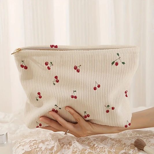 Cherry Printed Corduroy Makeup Bag