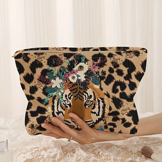 Tiger Leopard Print Make Up Bag With Zipper