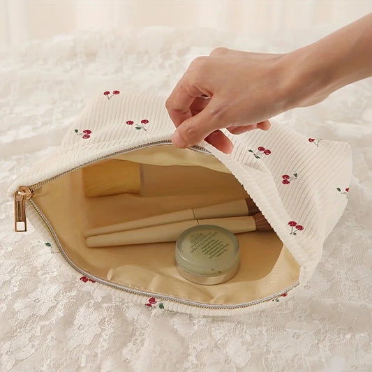 Cherry Printed Corduroy Makeup Bag